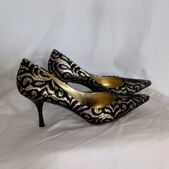 NINE WEST Nuncio Black/Gold Multi Pointed Toe Pumps Women's Size 7.5 - Picture 2 of 8